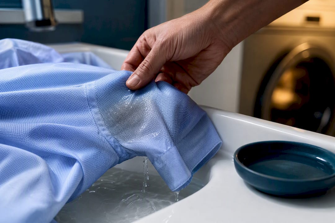 Hand rinsing deodorant mark from shirt