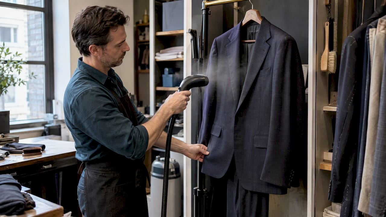 Tailor steaming a bespoke wool suit