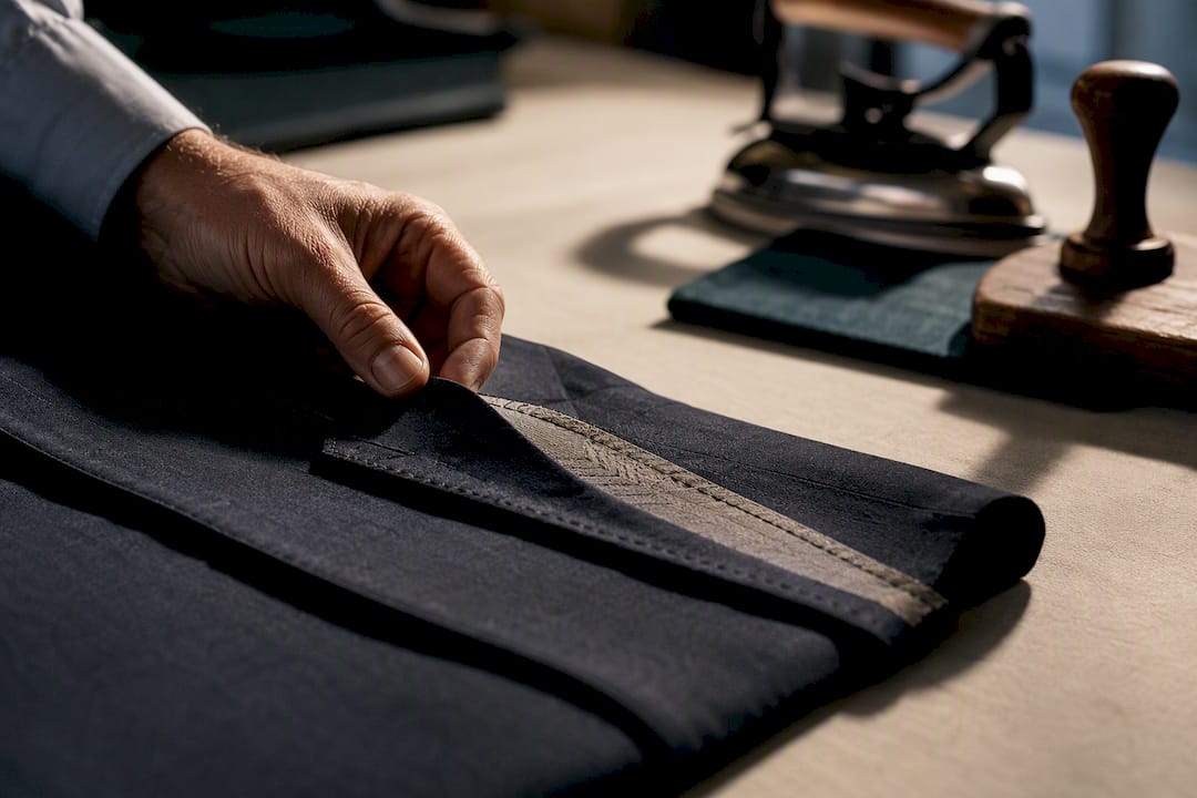 Tailor pressing a structured jacket lapel