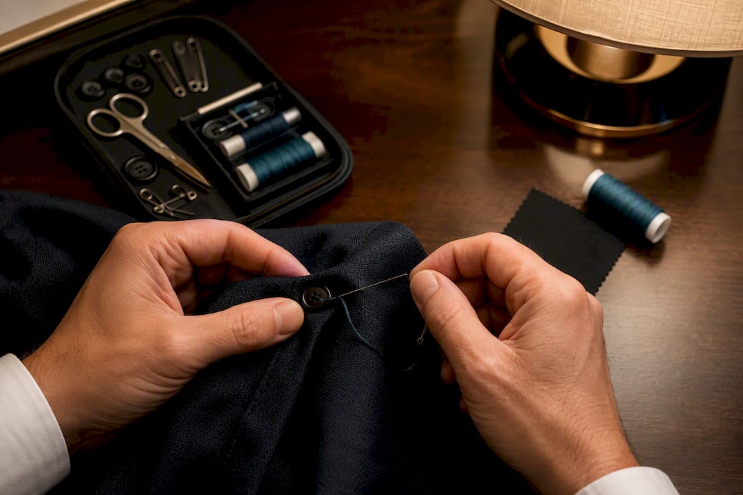 Hands repairing loose jacket button