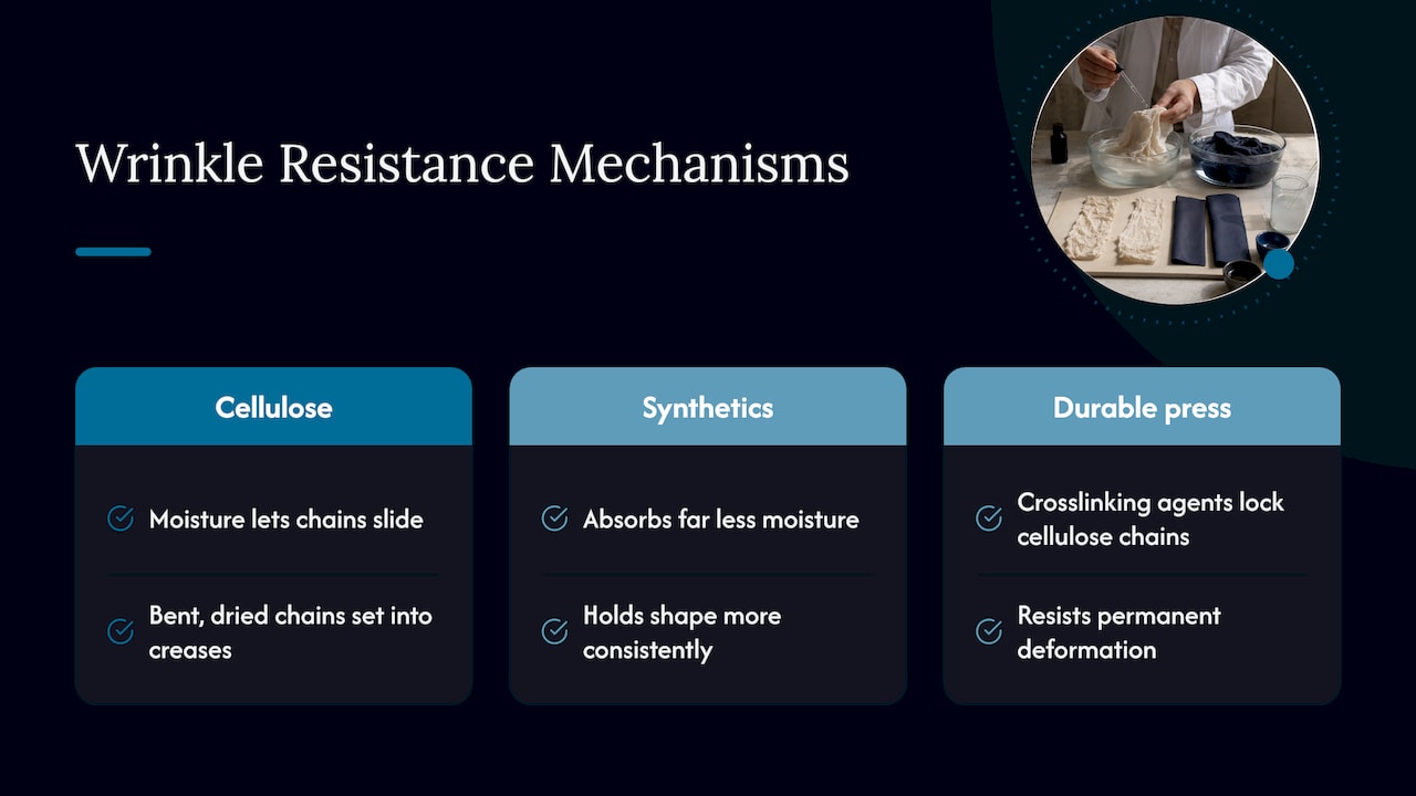 Why fabrics wrinkle: fibre chemistry and mechanical causes, overview diagram